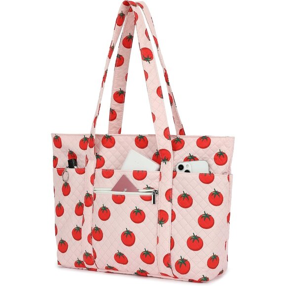 Large Capacity Women's Tote Bag with Laptop Compartment and Floral Print Tomato - Picture 3 of 6